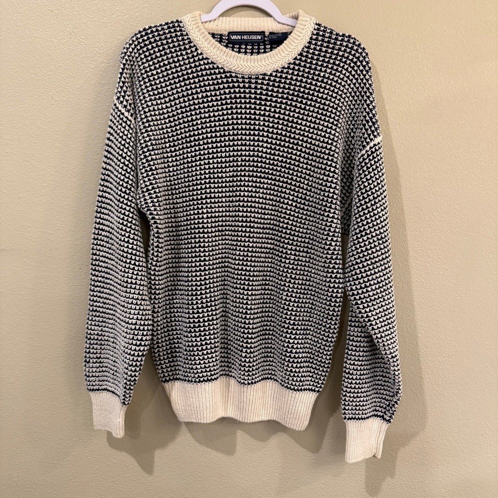 Vintage Van Heusen‎ Navy Cream Chunky Knit Fisherman Sweater Mens M Textured